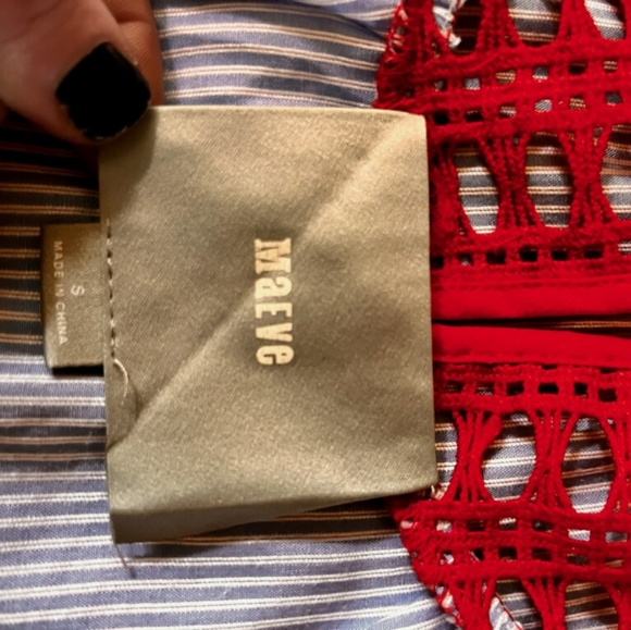 Maeve brand top size small blue white pinstripe red crochet fluff sleeve - Picture 3 of 8